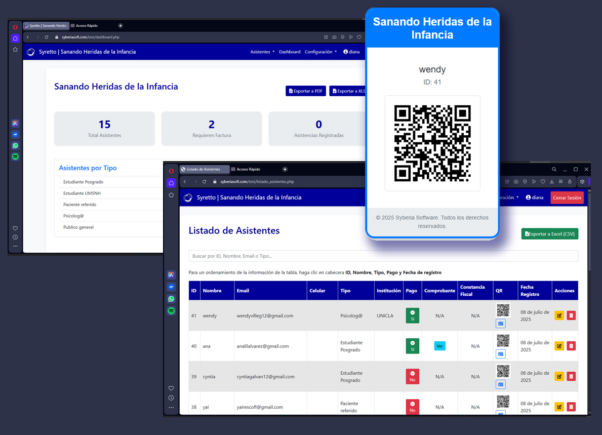 Interfaz del sistema de registro Syretto en una laptop